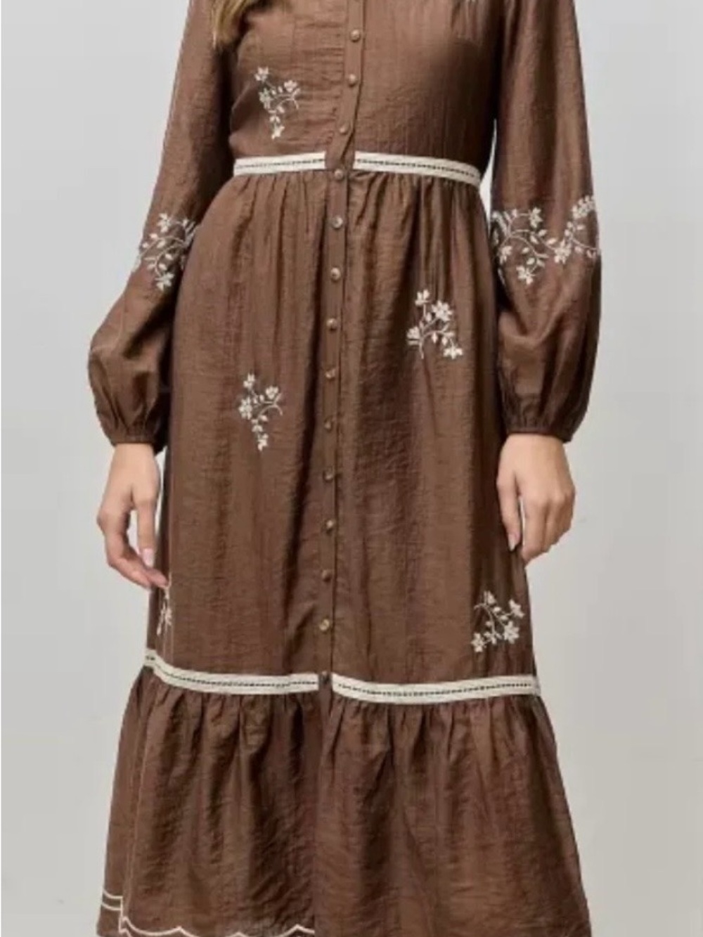 Embroidered Brown Button-Front Midi Dress